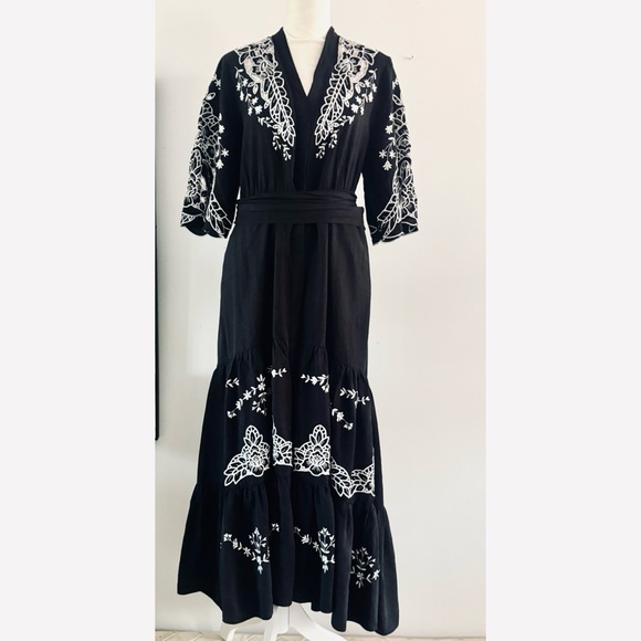 Kobi Halperin Dresses & Skirts - Kobi Halperin Black Maxi Dress with White Floral Embroidery, Ruffles-Small